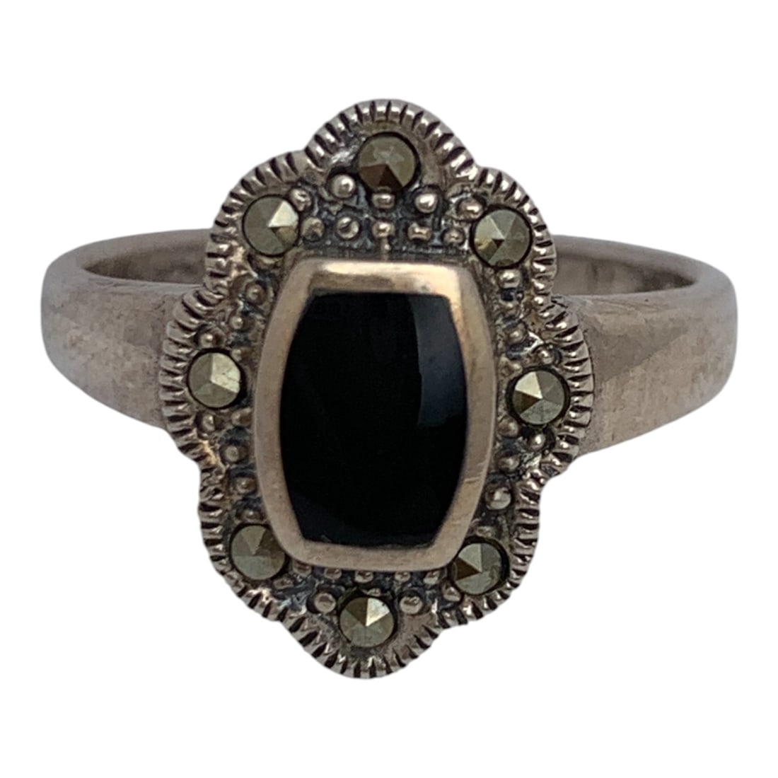 Sterling Marcasite & Black Stone Ring: Marked 925 - Size 7 - 4.3 Grams