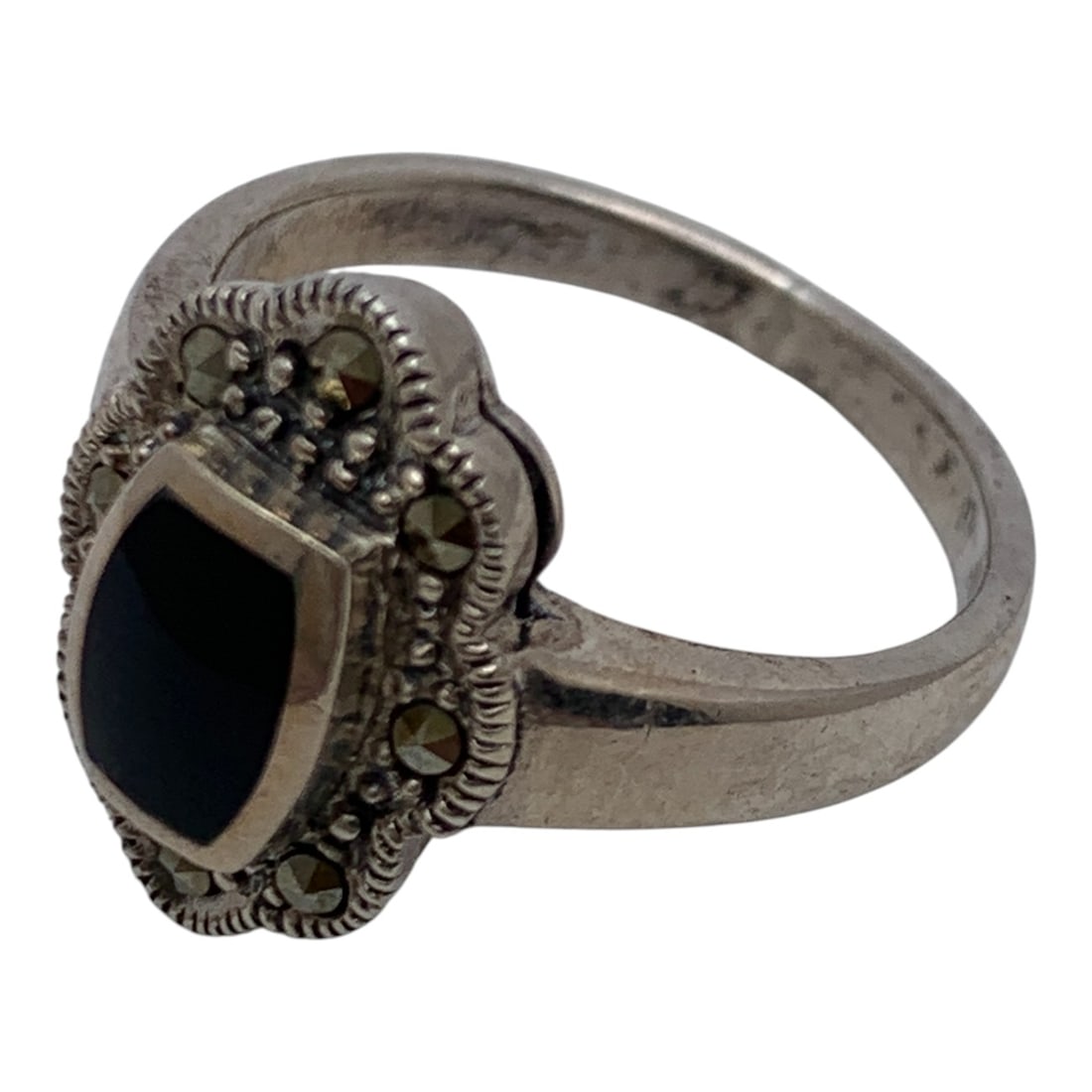 Sterling Marcasite & Black Stone Ring - 3
