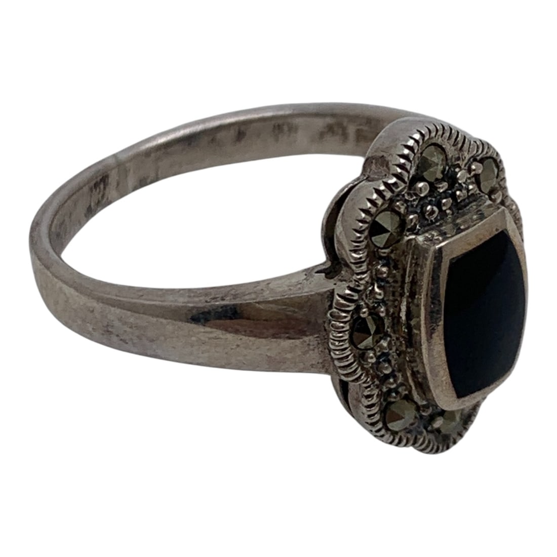 Sterling Marcasite & Black Stone Ring - 4