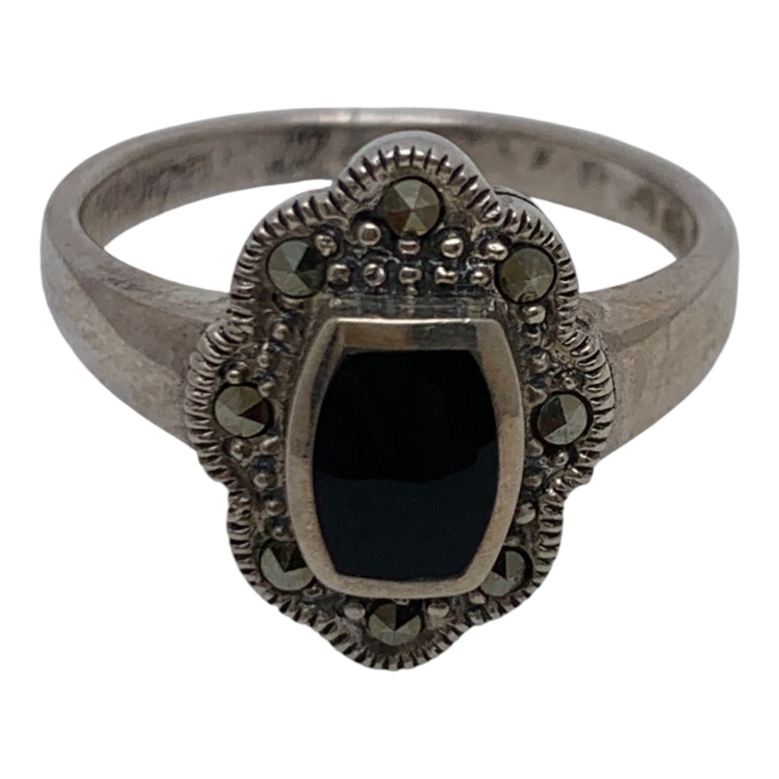 Sterling Marcasite & Black Stone Ring - 5