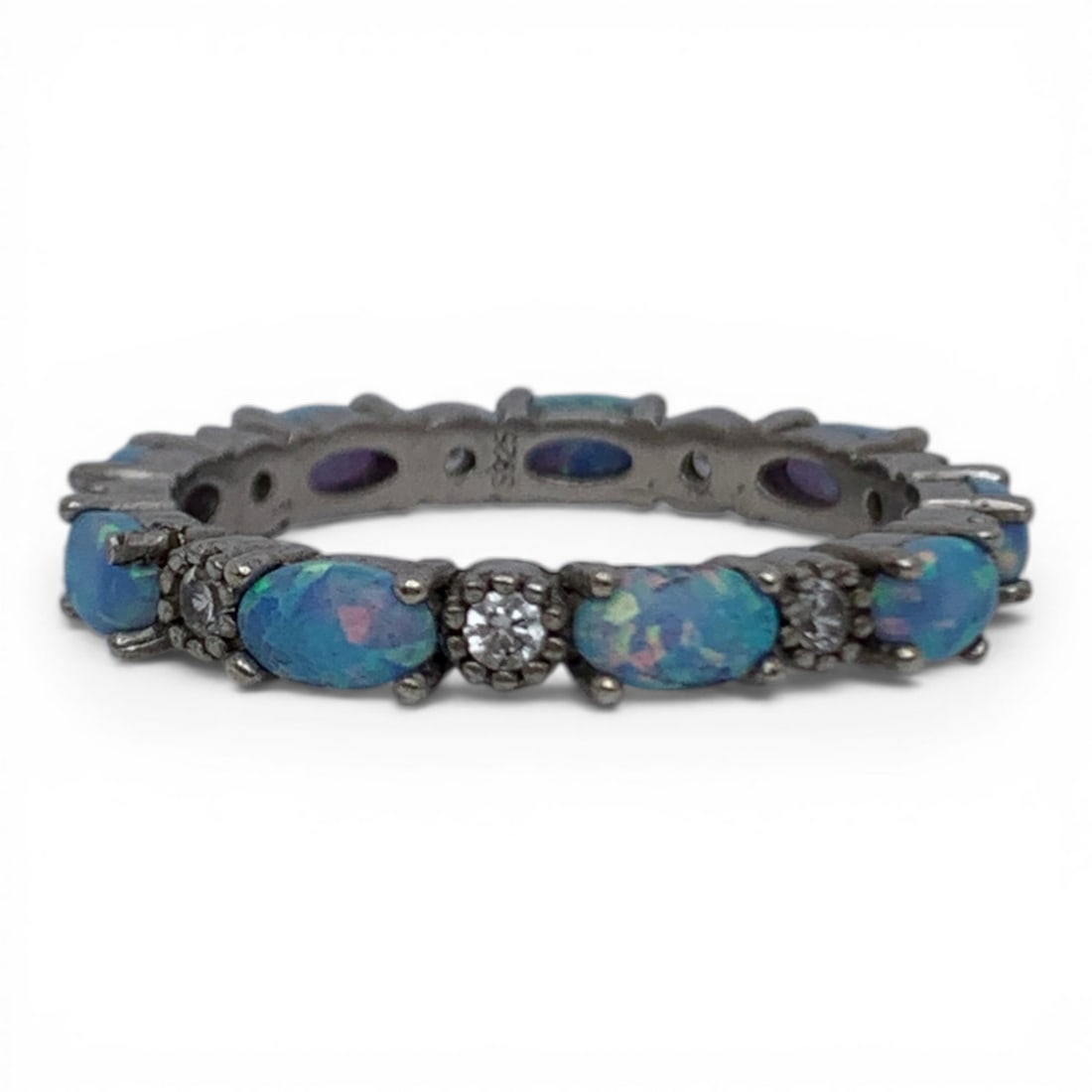 Sterling Blue Opal & Clear Stone Ring: Marked 925 - Size 9 - 2.9 Grams