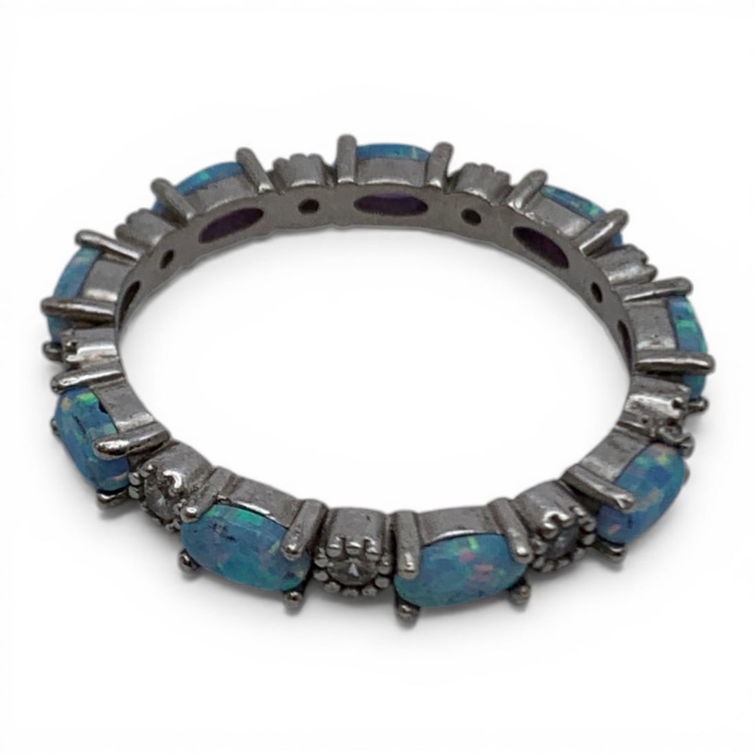 Sterling Blue Opal & Clear Stone Ring - 2