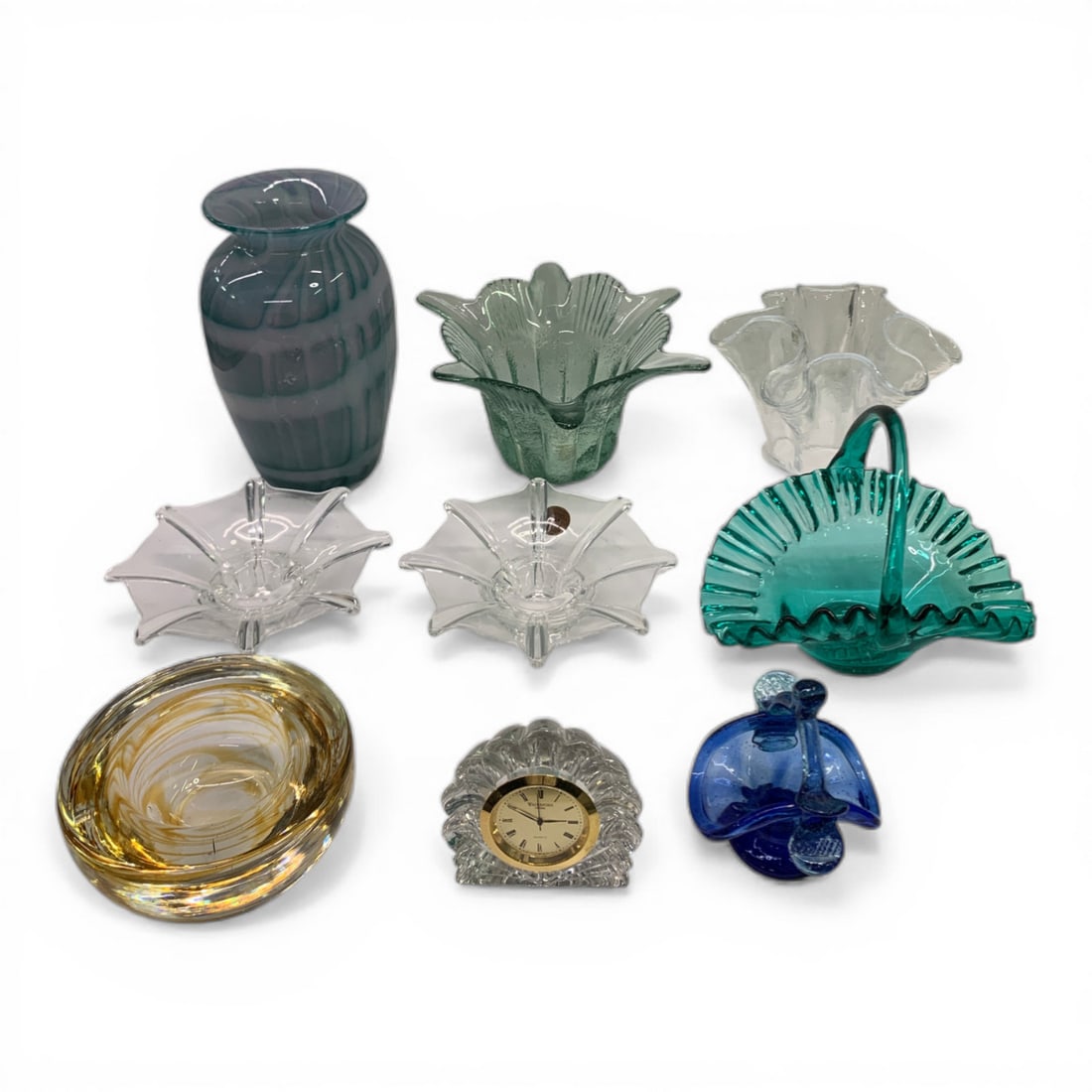 Collection Of 9 Glass Items: Includes 1 Vase, 4 Glass Bowls/vases, 2 Glass Baskets, 1 Waterford Desk Clock & 1 Heavy Glass Bowl