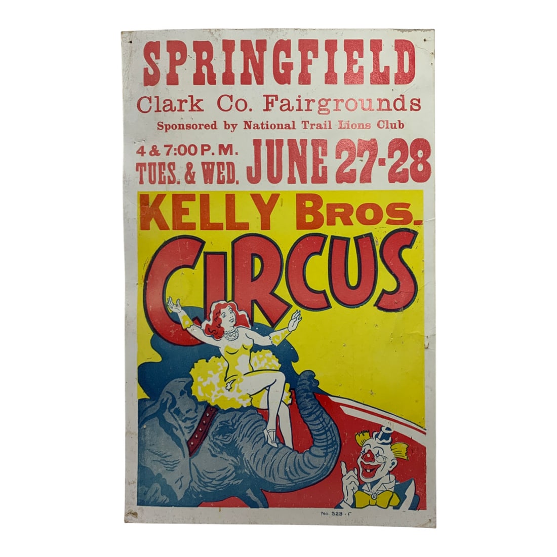 Vintage 1978 Kelly Bros. Circus Cardboard Poster: No. 523 - 22" X 14"Poster Shows Wear