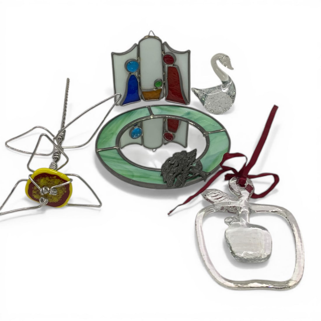 Grouping Of Glass Items: Includes 2 Leaded Glass Items, Art Glass Sculpture & Glass Swan Paperweight