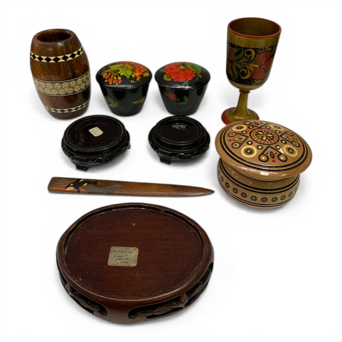 Grouping Of 9 Wooden Items: Includes 2 Wooden Drinking Cups, 3 Wooden Lidded Jars, 3 Wooden Stands & 1 Wooden Pick