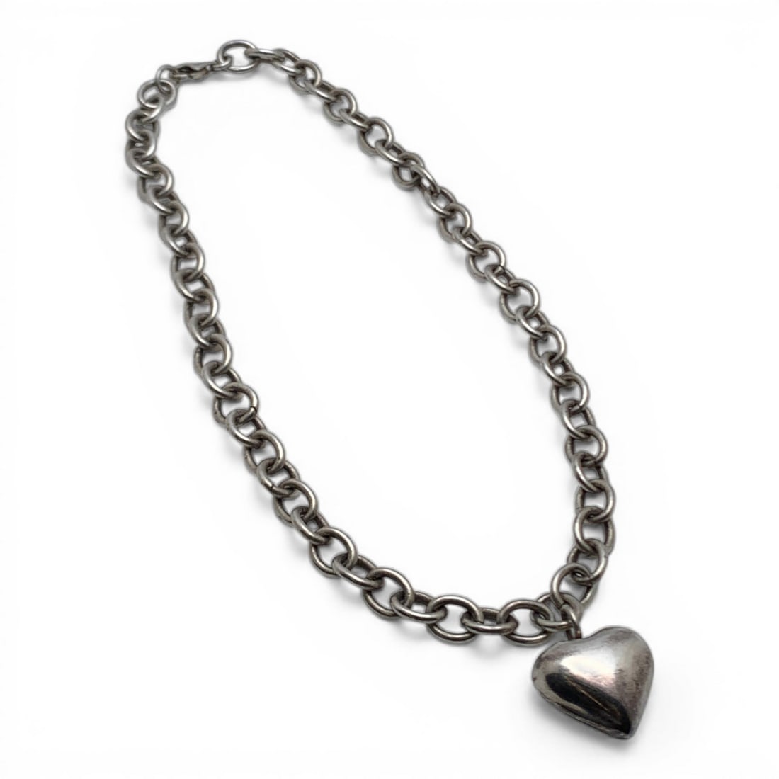 Sterling Silver Necklace With Heart Charm: Marked 925 - 17" Long - 50.9 Grams