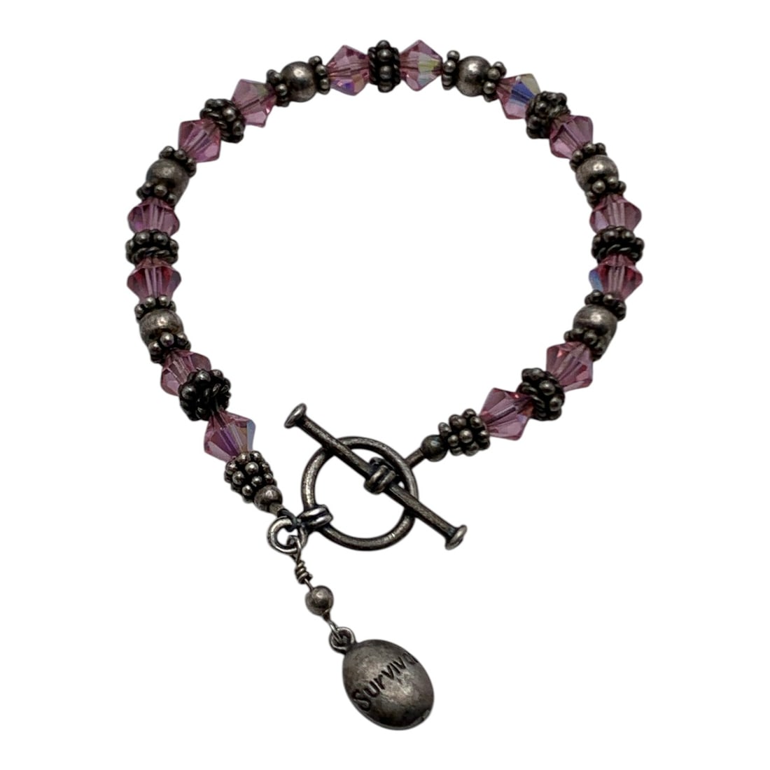 Sterling Silver & Pink Glass Beaded Bracelet: Marked 925 - 7 1/2" Long - 14.8 Grams