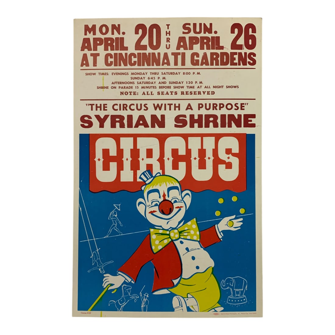 Vintage 1981 Syrian Shrine Circus Poster: Cincinnati Gardens, Circus #122 - 22" X 14"Poster Shows Wear