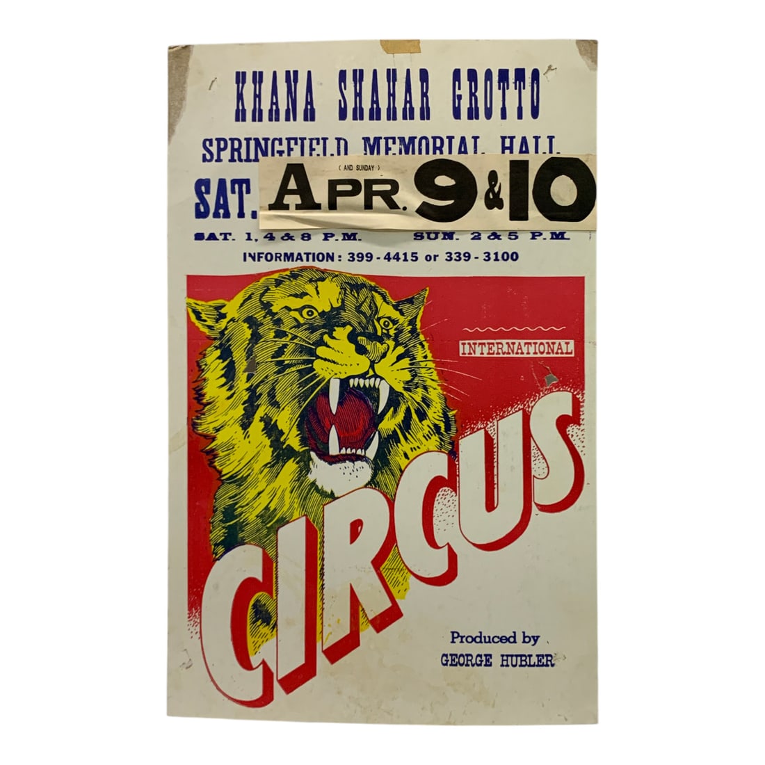 Vintage 1983 Khana Shahar Grotto Circus Poster: Springfield Memorial Hall - 22" X 14"Poster Shows Wear & Damage
