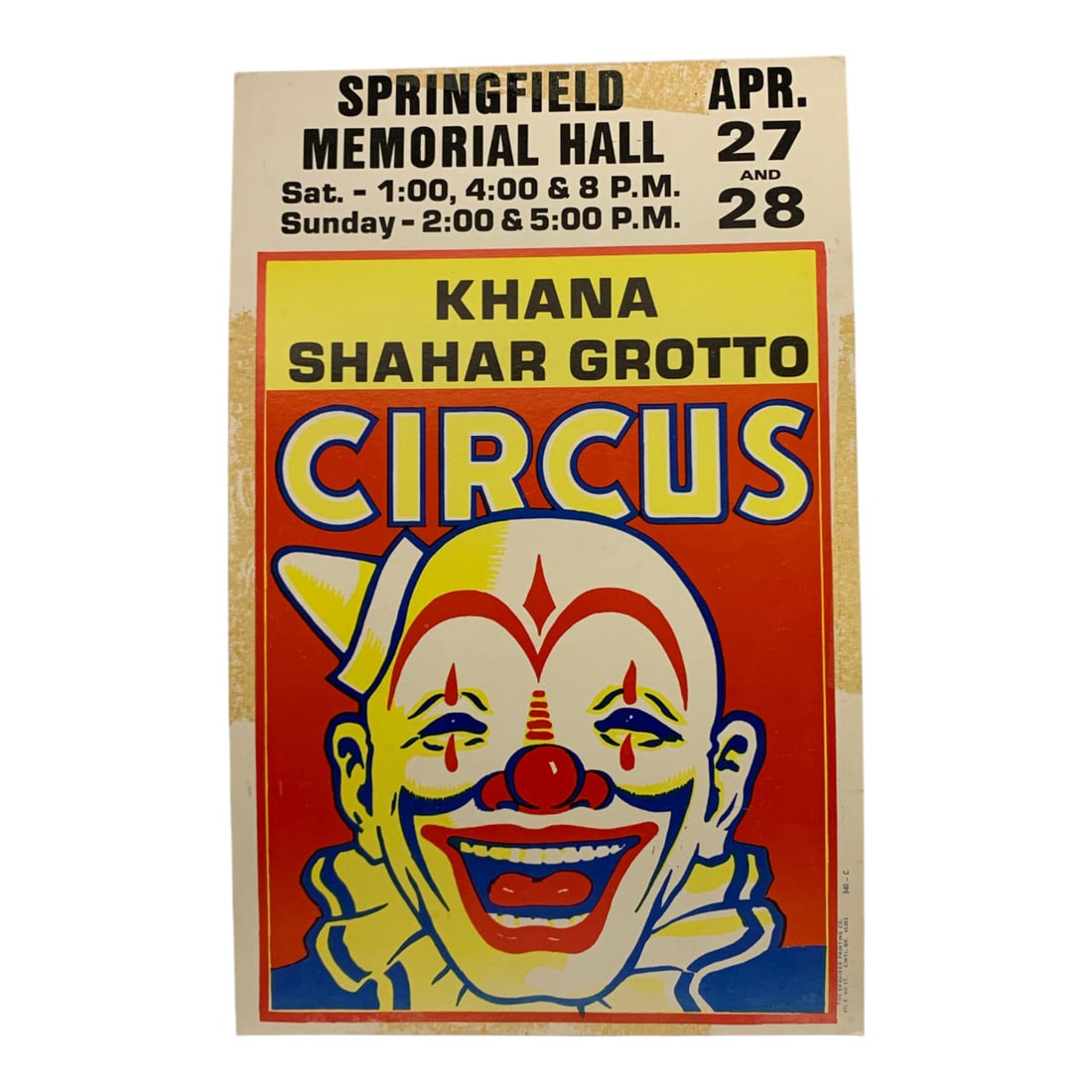 Vintage 1983 Khana Shahar Grotto Circus Poster: Springfield Memorial Hall, 540 C - 22" X 14"Poster Shows Wear & Damage