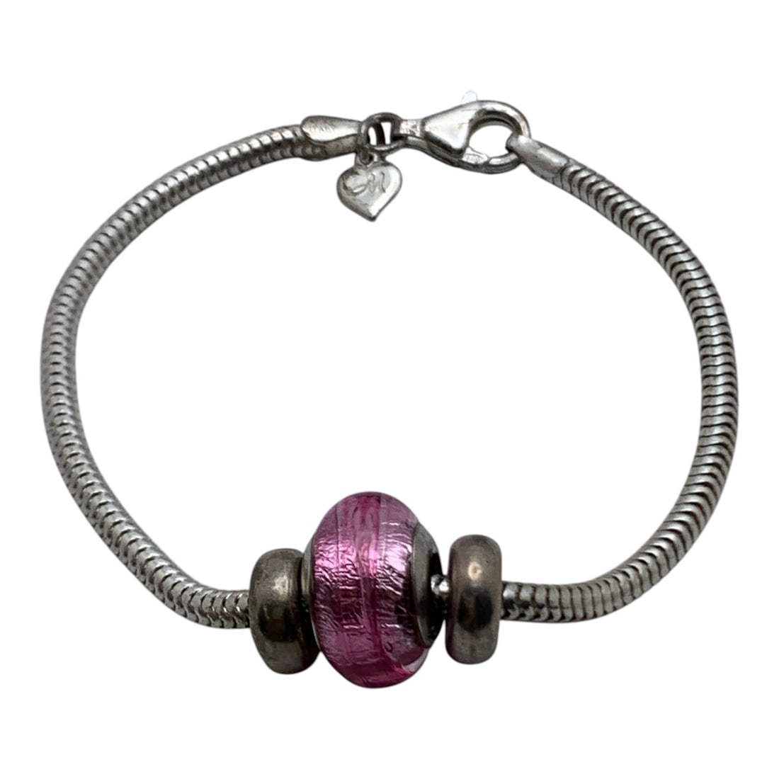 Sterling Silver Bracelet With Art Glass Charm: Marked 925 - 7 1/2" Long - 12.3 Grams