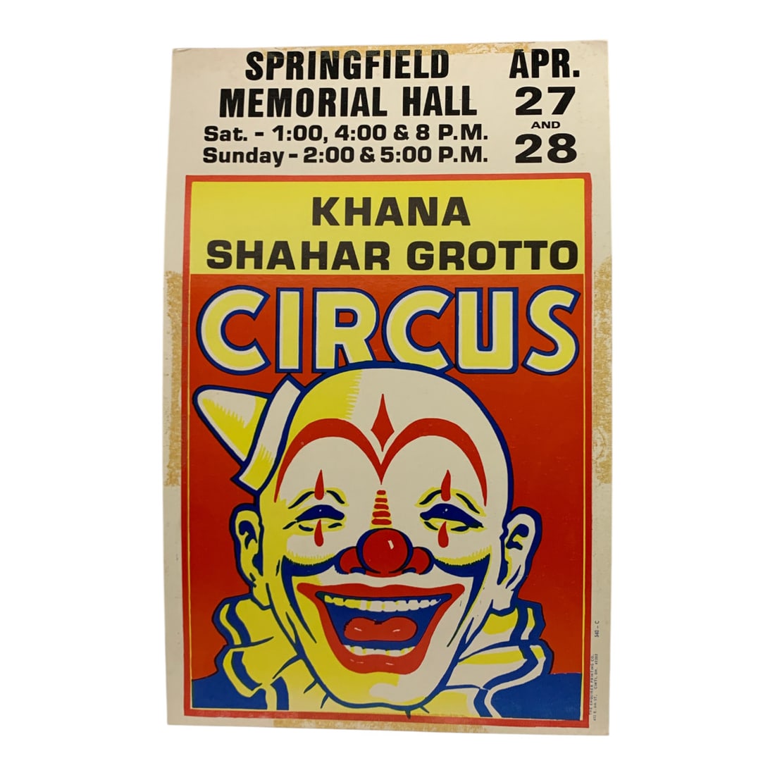 Vintage 1983 Khana Shahar Grotto Circus Poster: Springfield Memorial Hall, 540 C - 22" X 14"Poster Shows Wear & Damage