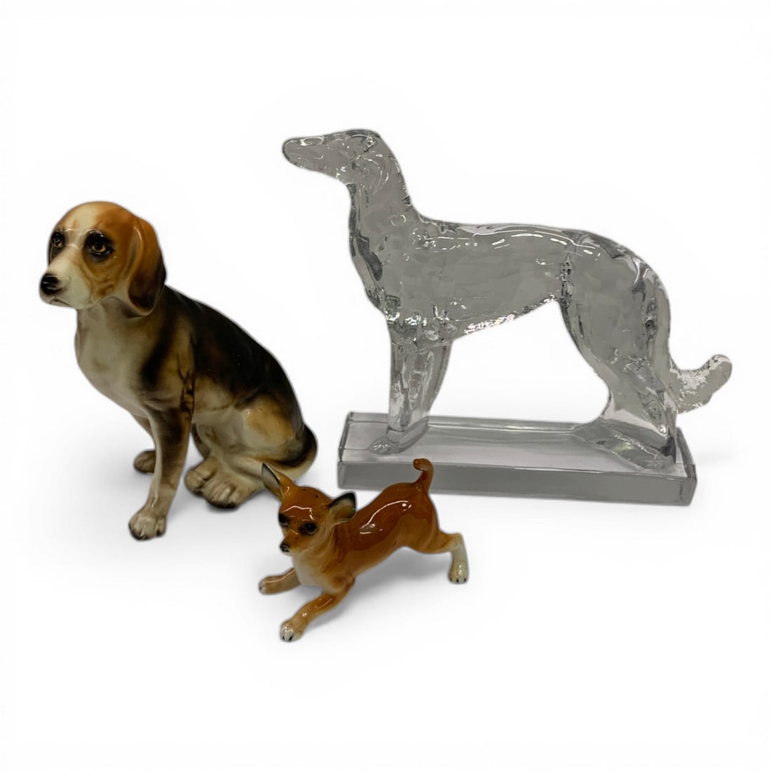 Group Of 3 Glass & Porcelain Dog Sculptures: Ranging Heights: 2 3/4" - 7" Tall