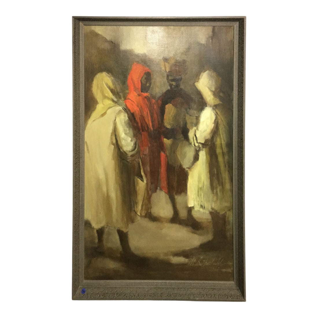 Margaret Rothschild Oil On Canvas, Bus Stop: Signed Lower Right: M. Ruthchild 1962. Framed: 42.5" X 28.75". Label On Reverse: Margaret Rothschild. Bus Stop. Oil. Grup Gallery Inc. Jacksonville, Fl.