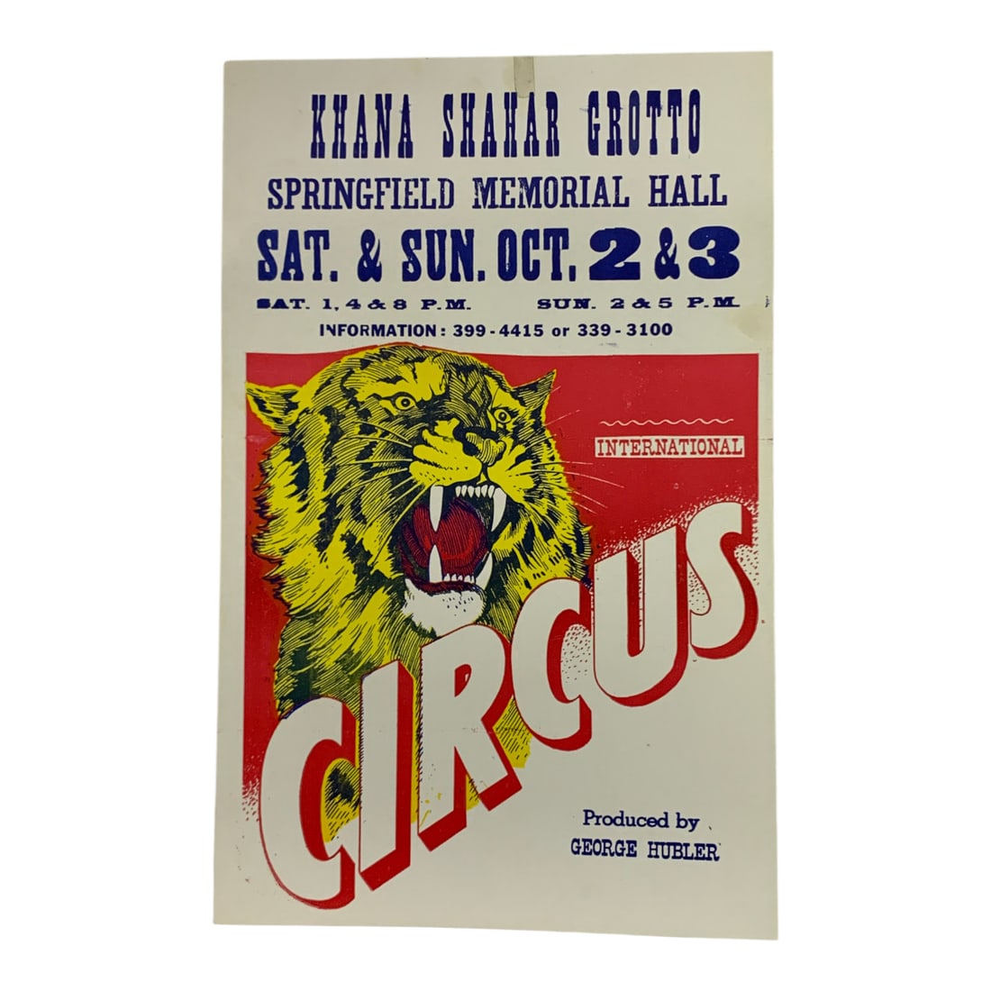 Vintage 1982 Khana Shahar Grotto Circus Poster: Springfield Memorial Hall - 22" X 14"Poster Shows Wear & Damage