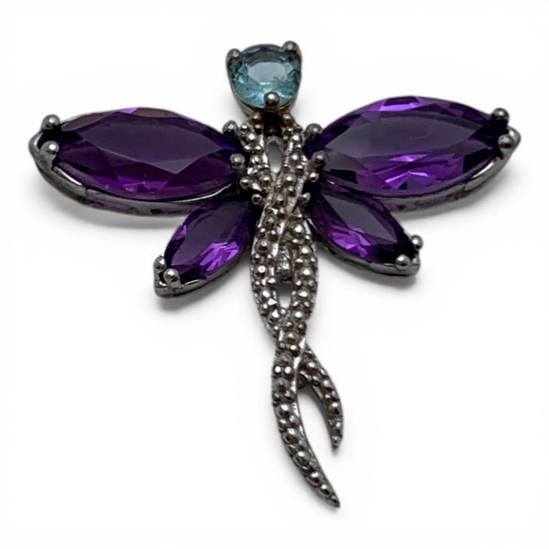 Sterling Silver Pendant W Blue & Purple Stones: Marked 925 - 7/8" Long - 2.2 Grams