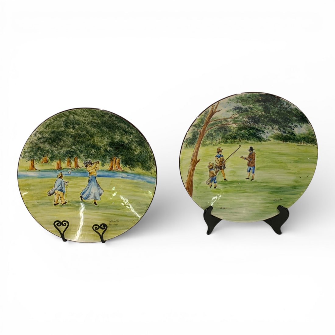 2 Signed Zorrilla Hand Painted Chargers: Signed Bottom Right: Zorrilla, S. Xix - Marked On Back: Hand Painted, Made In Spain - 13 1/2" Diameter