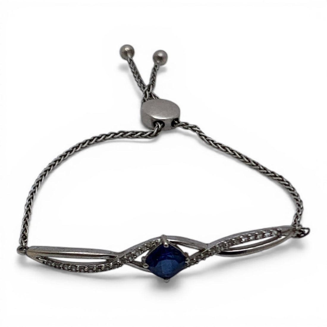 Silver Adjustable Bracelet W Blue & Clear Stones: Tests Silver - 4 1/8" Long - 7.4 Grams