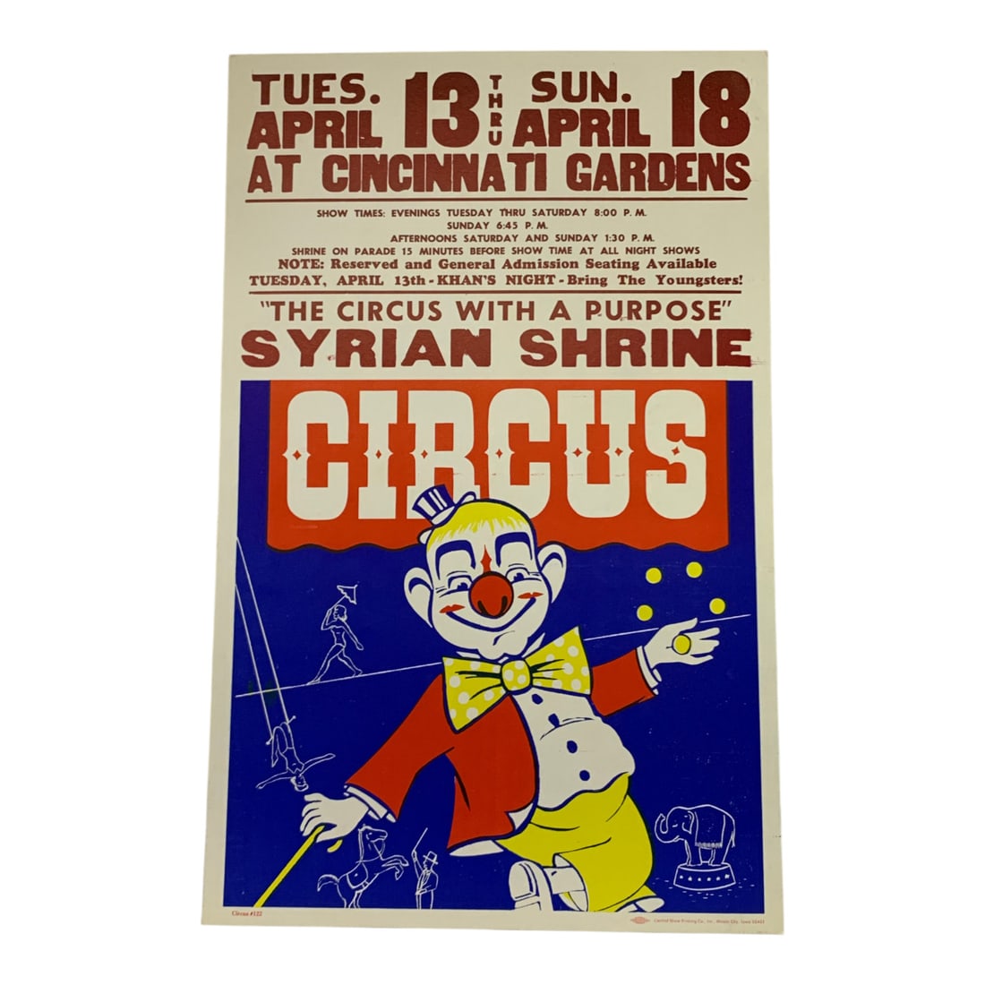 Vintage 1982 Syrian Shrine Circus Poster: Cincinnati Gardens, Circus #122 - 22" X 14"Poster Shows Wear