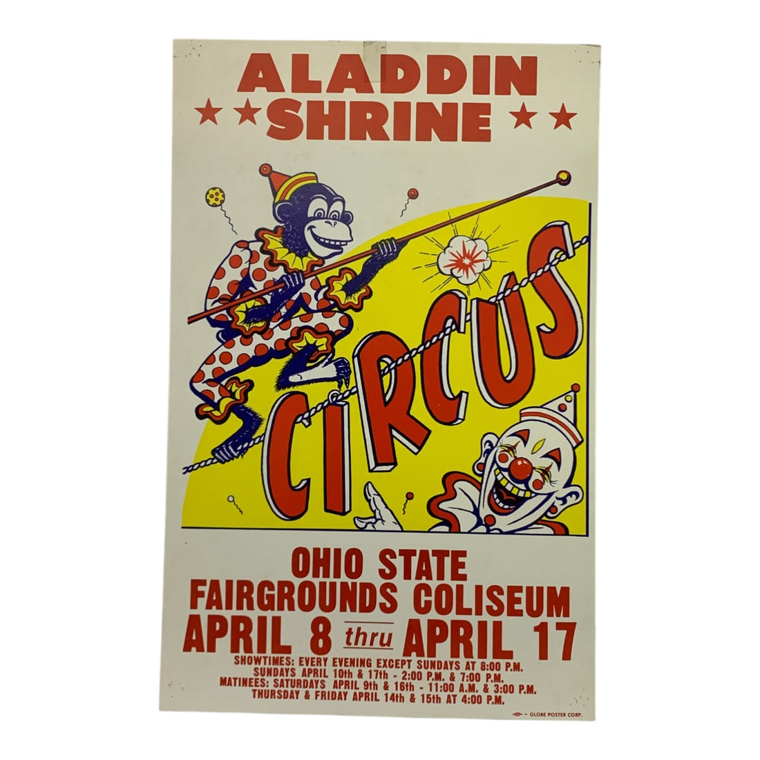 Vintage Aladdin Shrine Circus Poster: Ohio State Fairgrounds Coliseum - 22" X 14"Poster Shows Wear