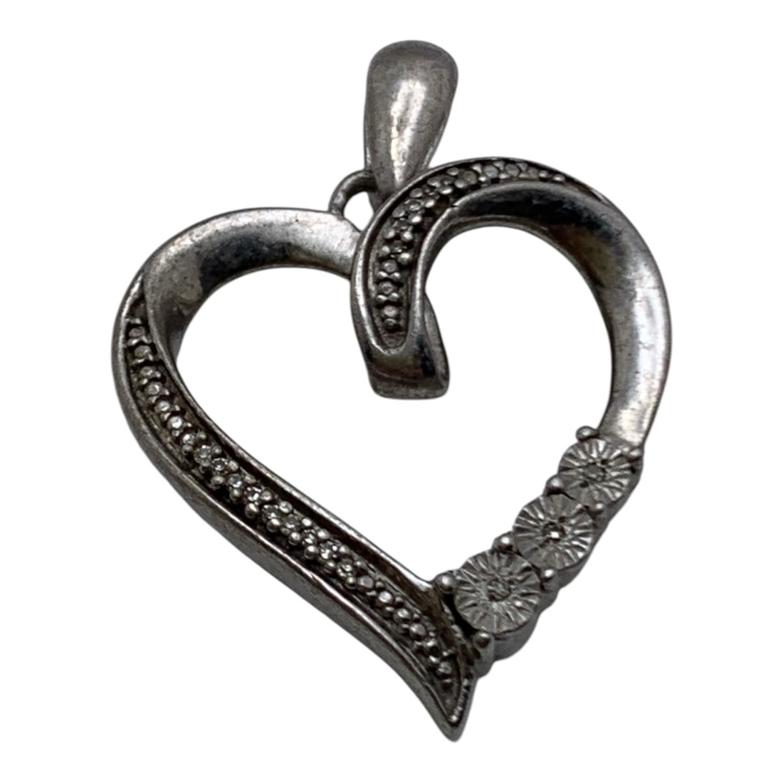 Sterling Silver & Diamond Heart Pendant: Marked 925 - 1" Long - 3.4 Grams