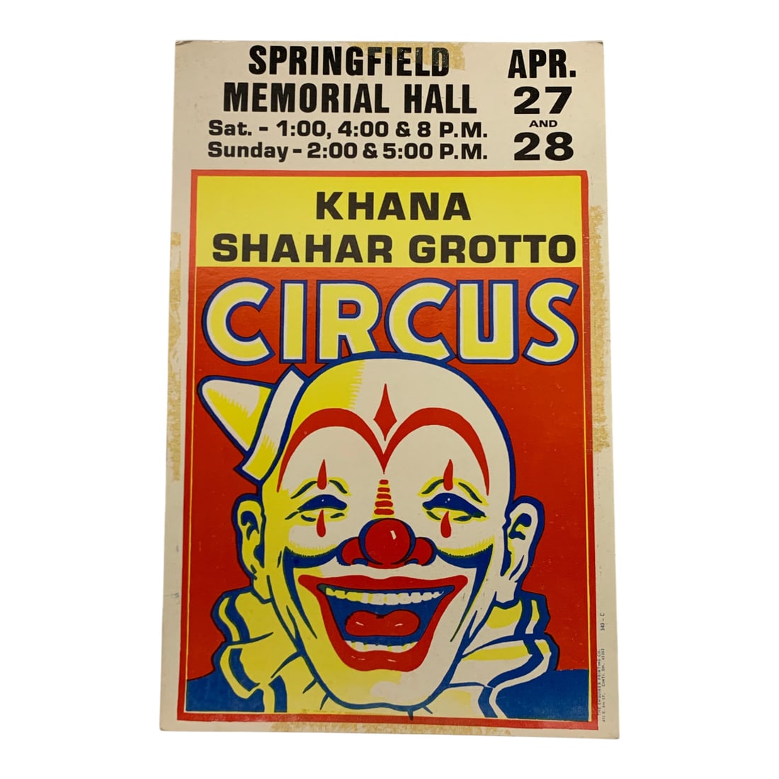 Vintage 1985 Khana Shahar Grotto Circus Poster: Springfield Memorial Hall, 540 C - 22" X 14"Poster Shows Wear