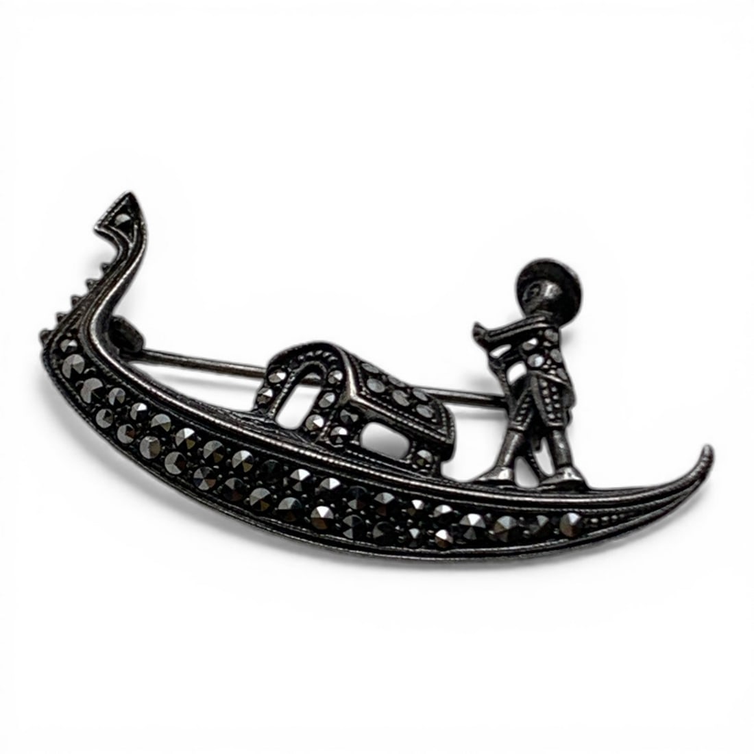 860 Silver & Marcasite Boat Pin: Marked 860 - 1 5/8" Long - 4.6 Grams