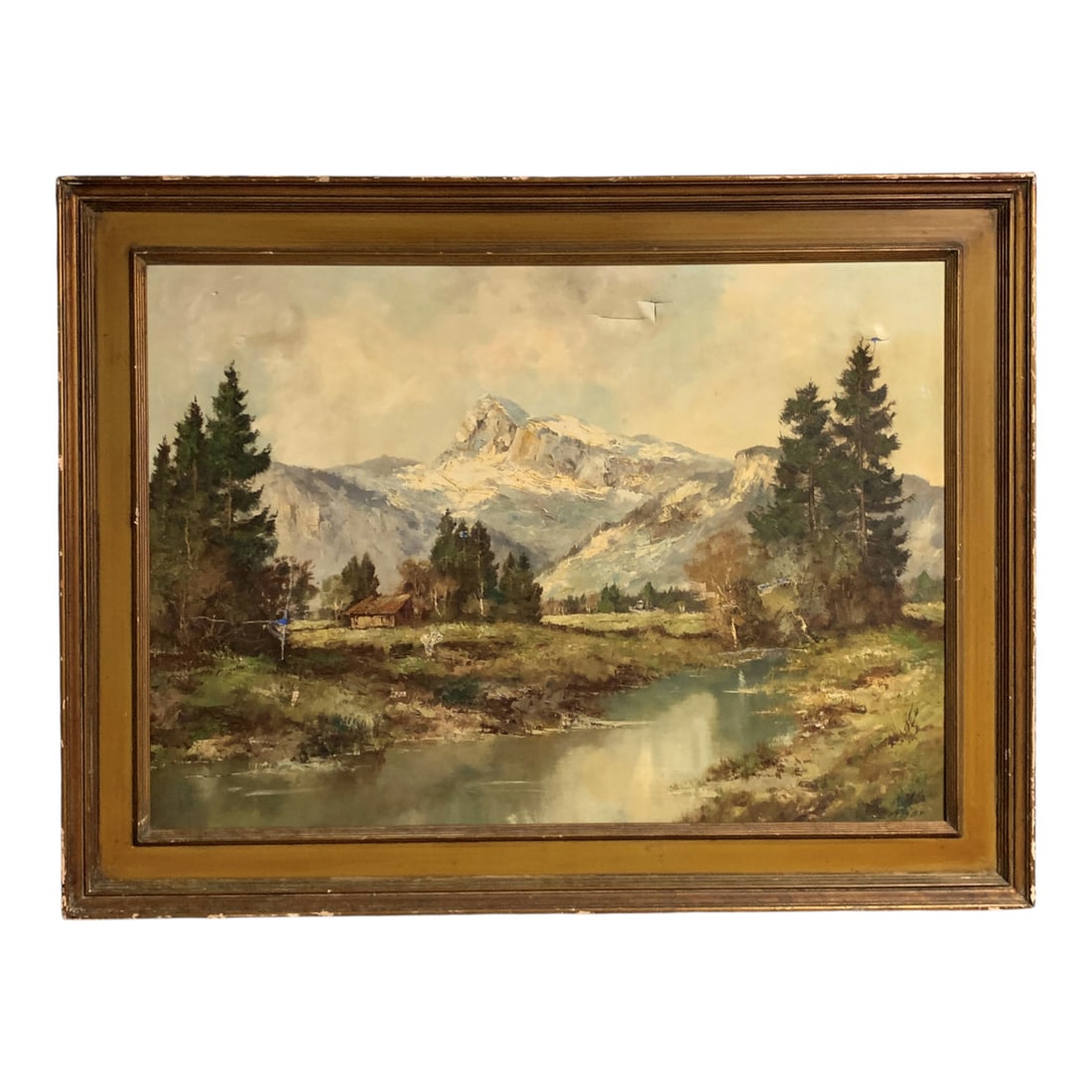 Rhine Valley Switzerland Landscape Oil On Canvas: Signed On Reverse Of Canvas: Im Oberen Rheintal / Schweiz. Canvas Shows Damage, See Photos. Gilt Frame: 35" X 46".