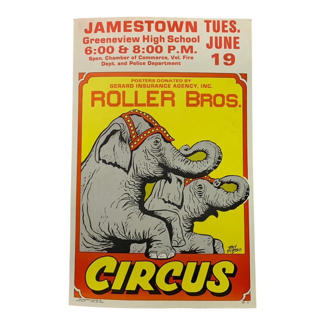 Vintage 1984 Roller Bros. Circus Poster: Jamestown Greenview High School, 537 C - 22" X 14"Poster Shows Wear