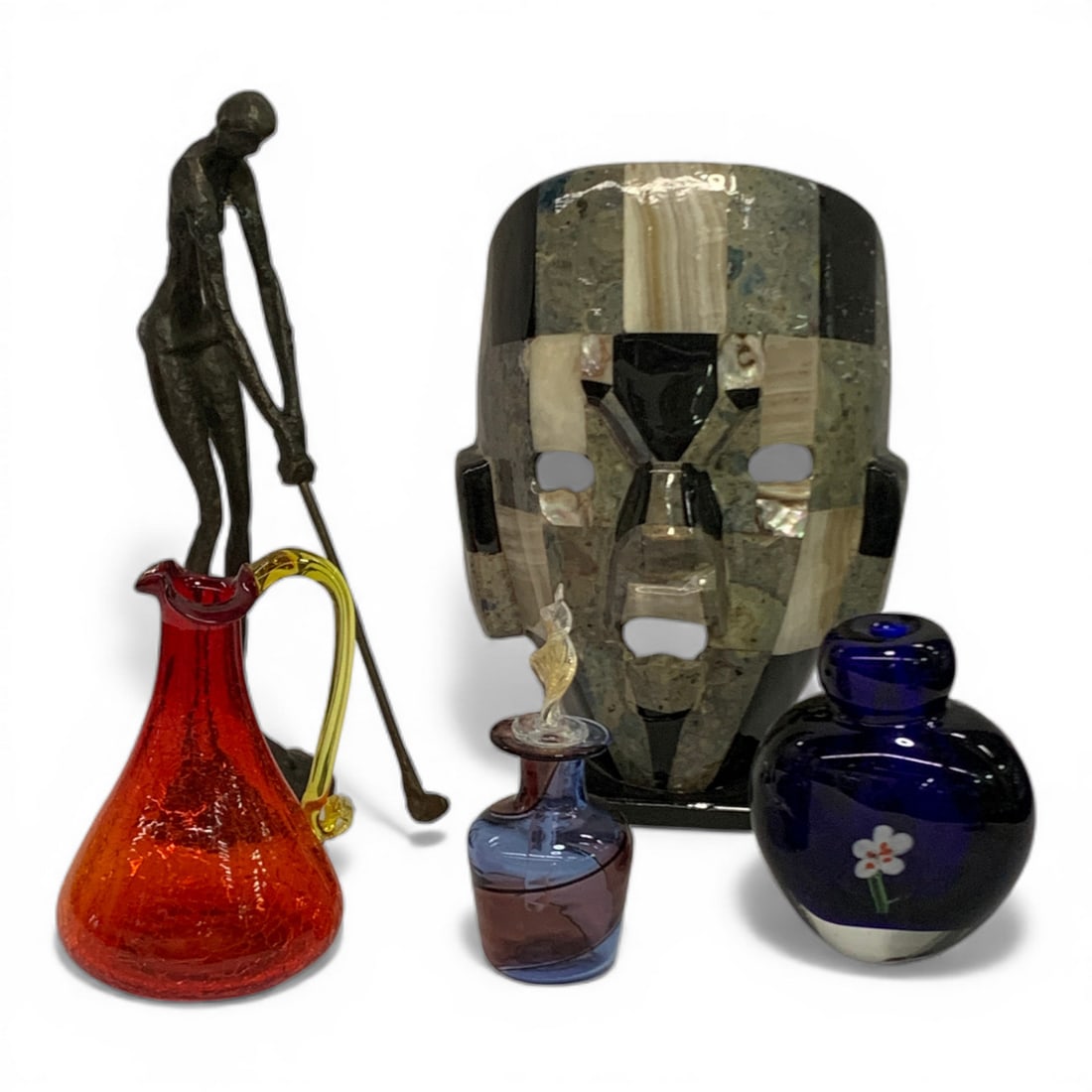 Collection Of Sculptures And Miniature Vases: Includes 1 Metal Figural Sculpture, Figural Mask Made Of Mother Of Pearl, Mini Pitcher