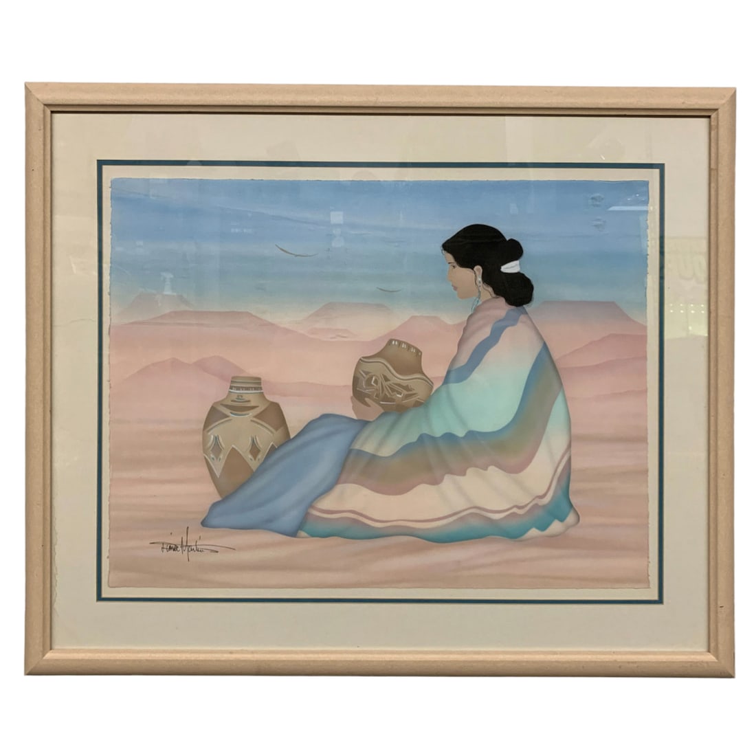Diana Martin Airbrush Litho, Navajo Woman: Signed Lower Left: Diana Martin. Ross Galeries, Holbrook, New York Label On Reverse: Diana Martin. Navajo Woman. Pencil Signed. Airbrush Litho. Framed And Under Glass: 32.5" X 40".