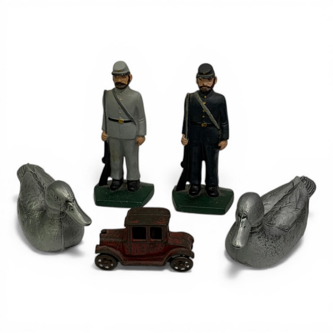 Grouping Of 5 Metal Sculptures: Includes 2 Figural Scuptures, 2 Duck Sculptures & 1 Truck Sculpture - Ranging Heights: 2 1/4" - 7 1/8" Tall