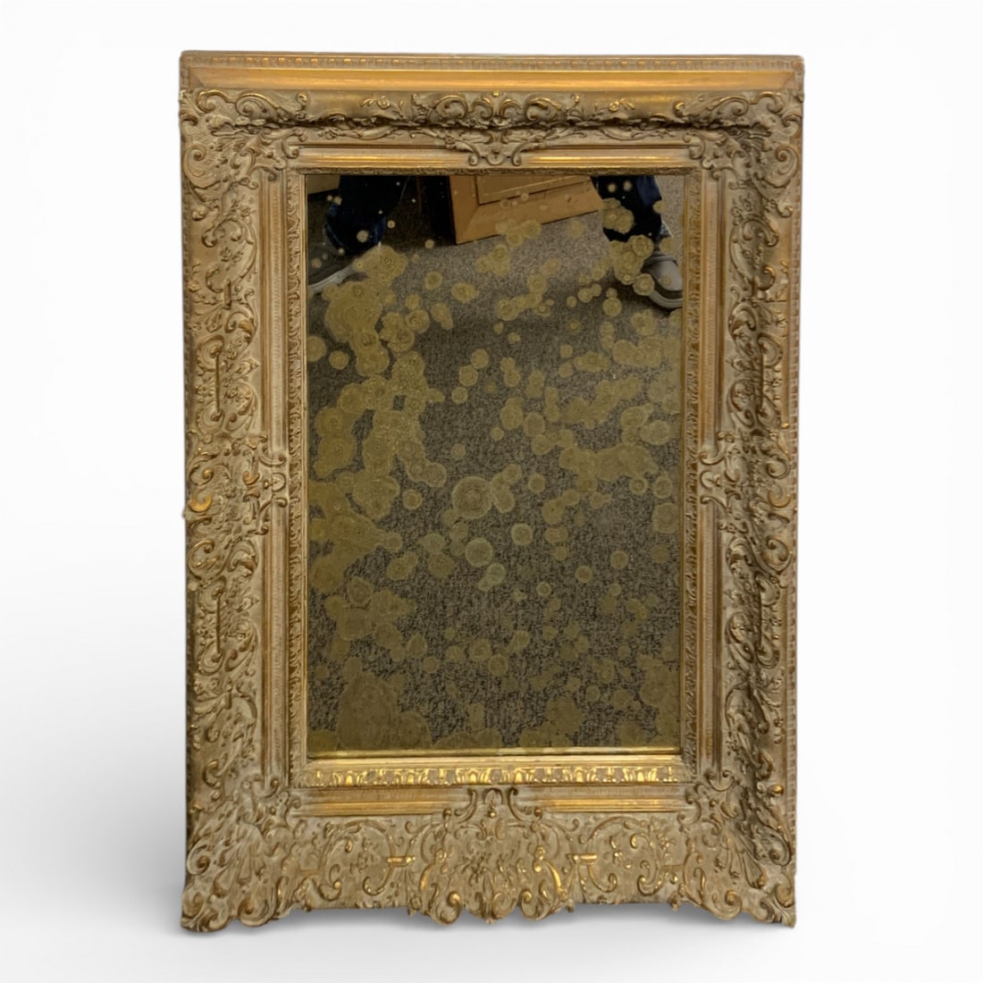 Heavy Mirror In Gilt Frame: 35.5" X 26". Glass Shows Discoloration.