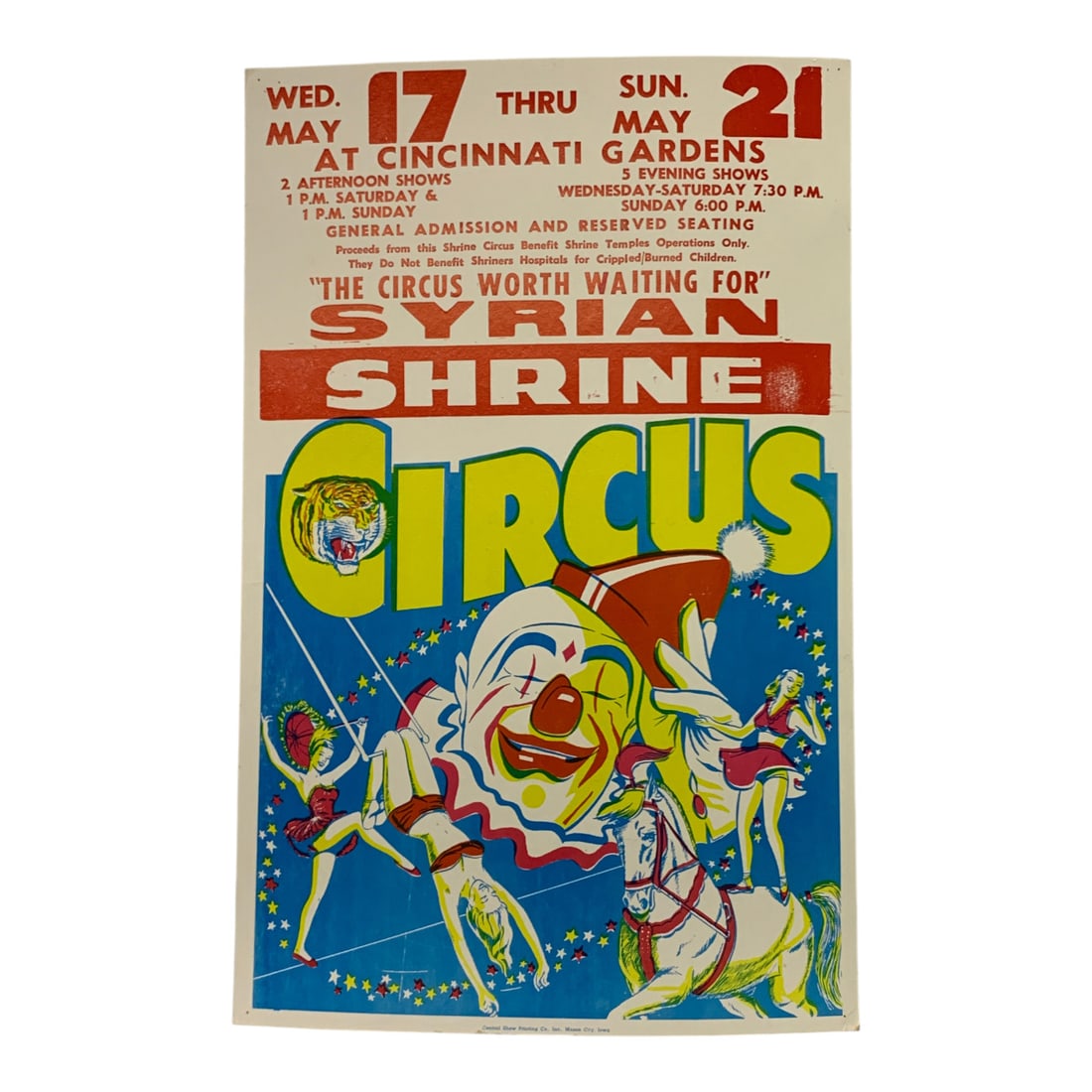 Vintage Syrian Shrine Circus Poster: Cincinnati Gardens - 22" X 14"Poster Shows Wear