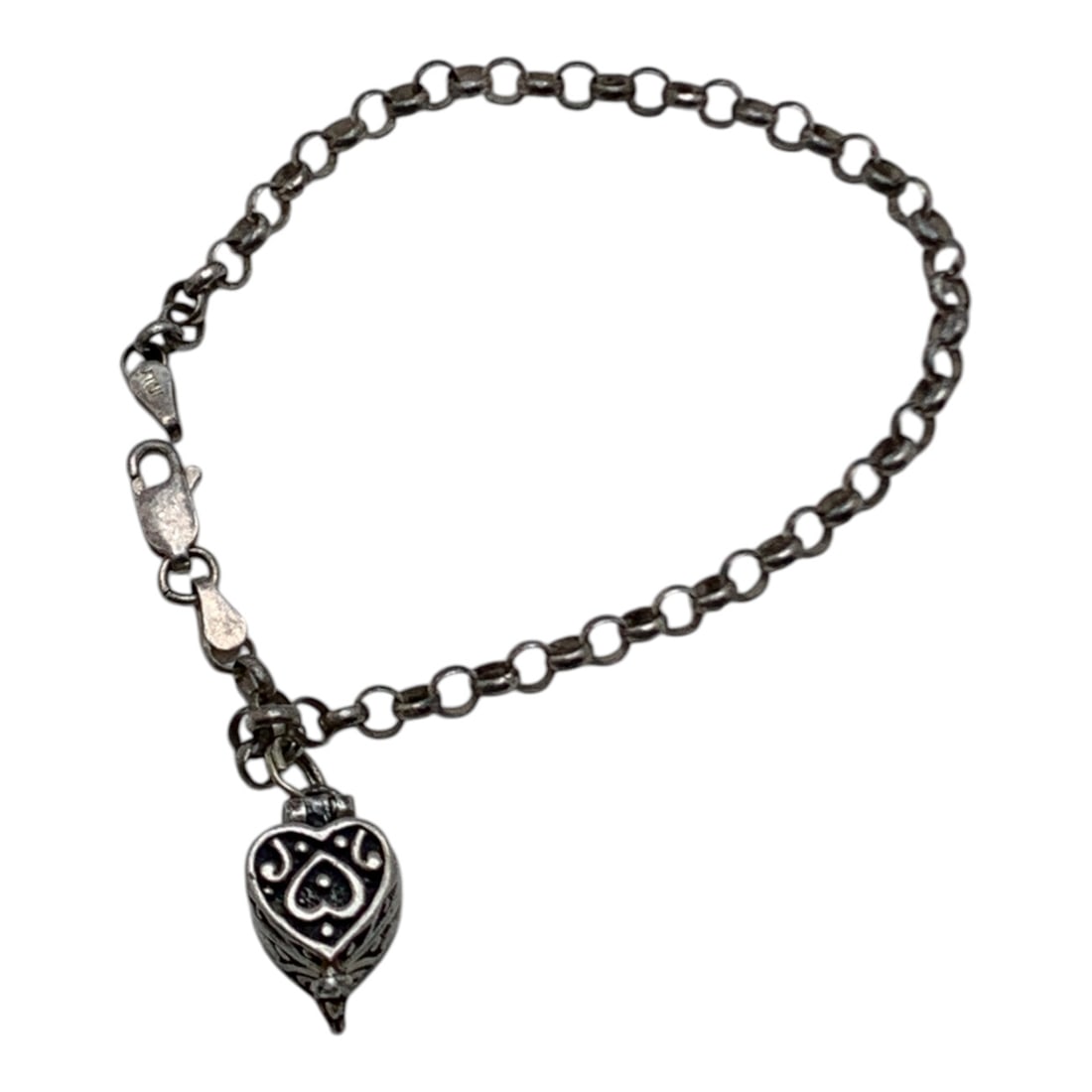 Sterling Silver Bracelet With Heart Locket Charm: Marked 925 - 7 1/4" Long - 6.6 Grams