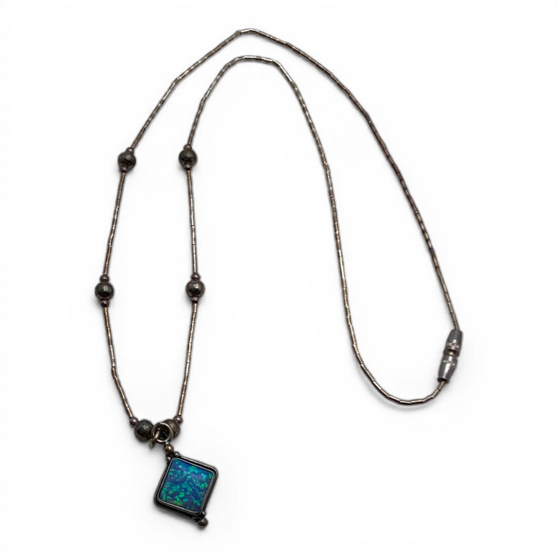 Sterling Silver & Blue Opal Pendant Necklace: Marked 925 - 16 1/4" Long - 4.3 Grams