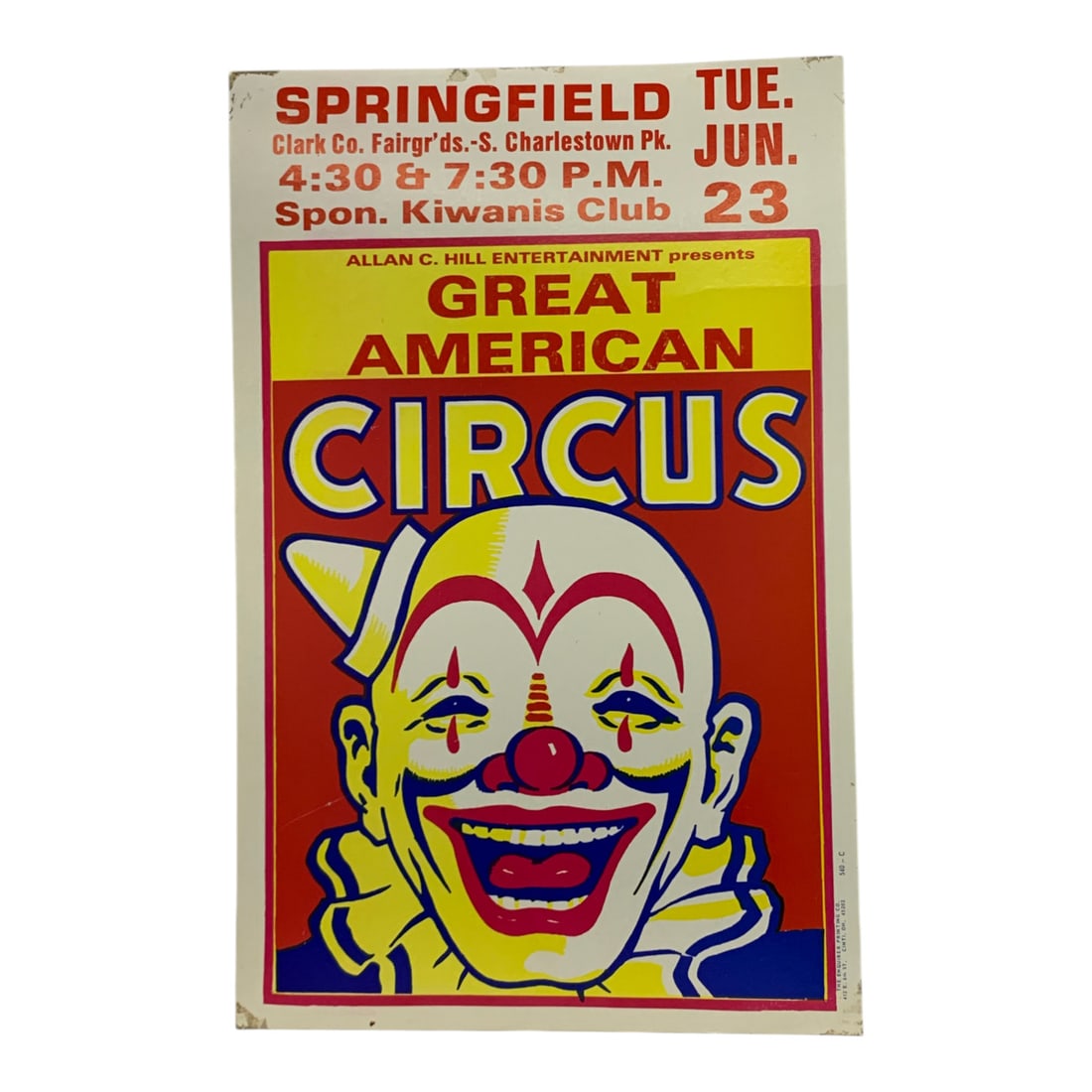 Vintage 1987 Great American Circus Poster: Springfield Clark Co. Fairgr'ds, 540 C - 22" X 14"Poster Shows Wear