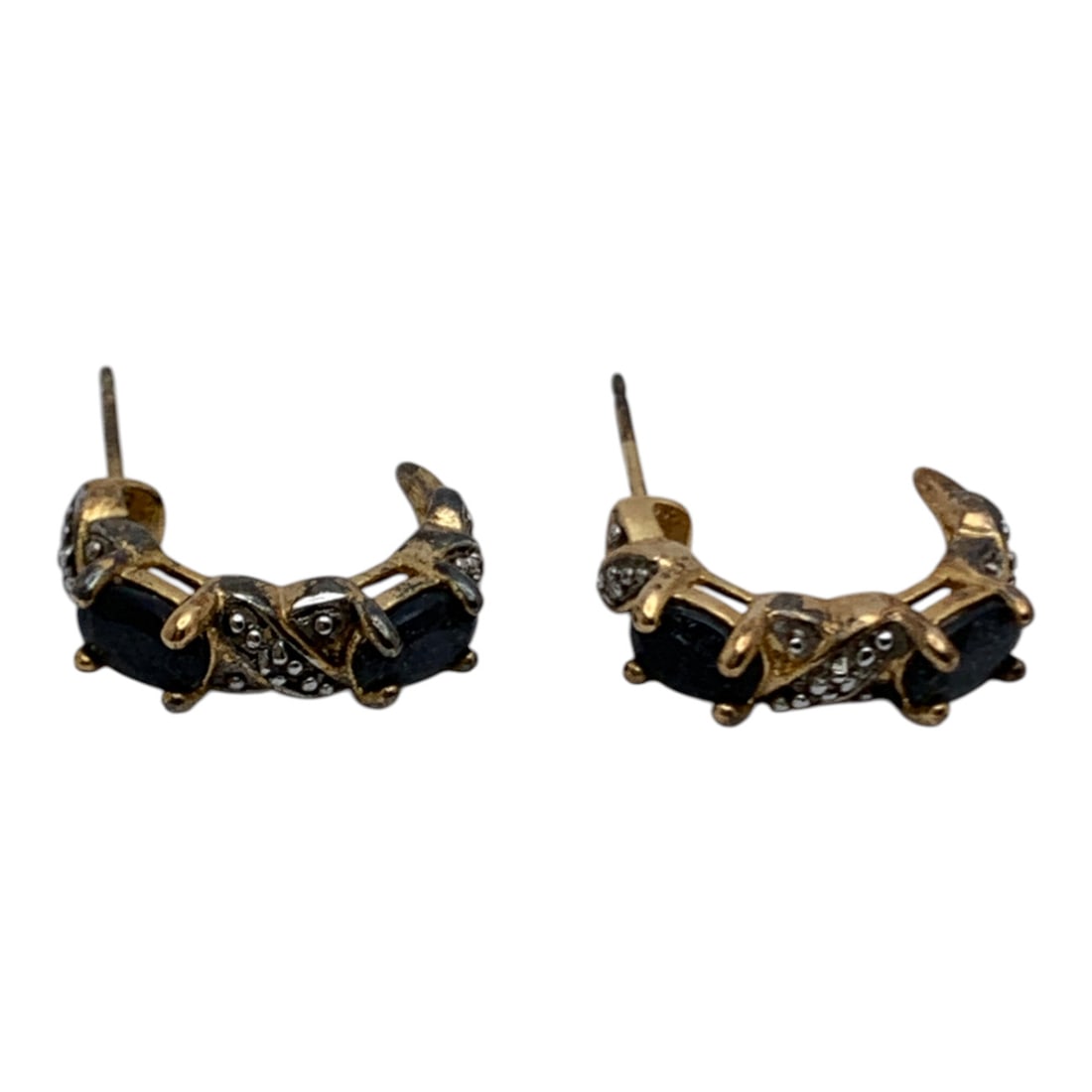 Sterling Silver & Sapphire Gold Tone Earrings: Marked 925 - 5/8" Long - 4.0 Grams