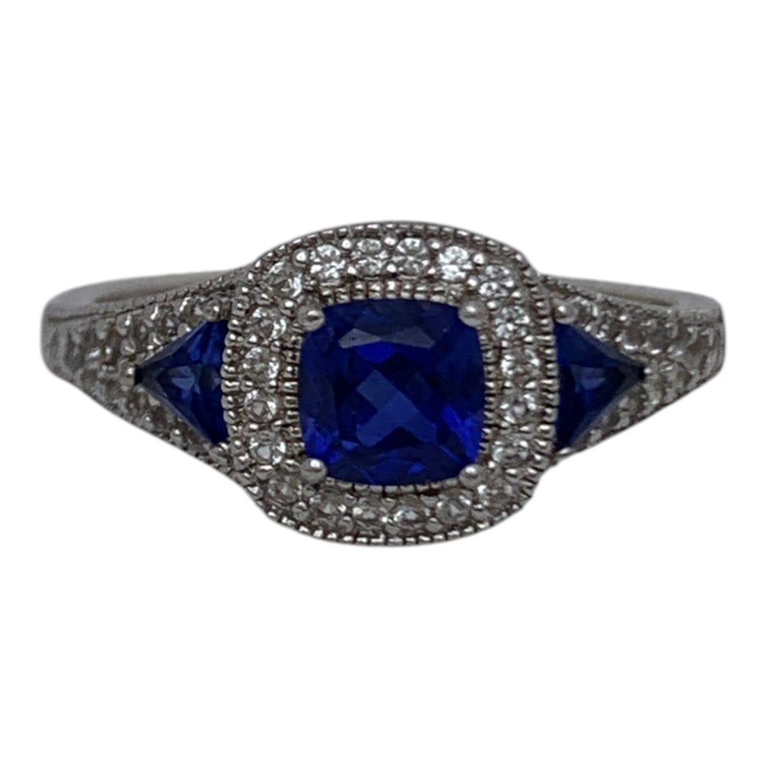 Sterling Silver Ring With Clear & Blue Stones: Marked 925 - Size 7 - 2.7 Grams