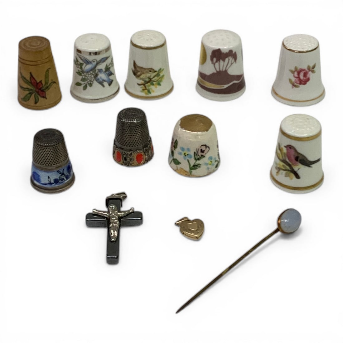 Collection Of Decorative Items: Includes 9 Thimbles, 1 Cross Pendant & 1 Stick Pin