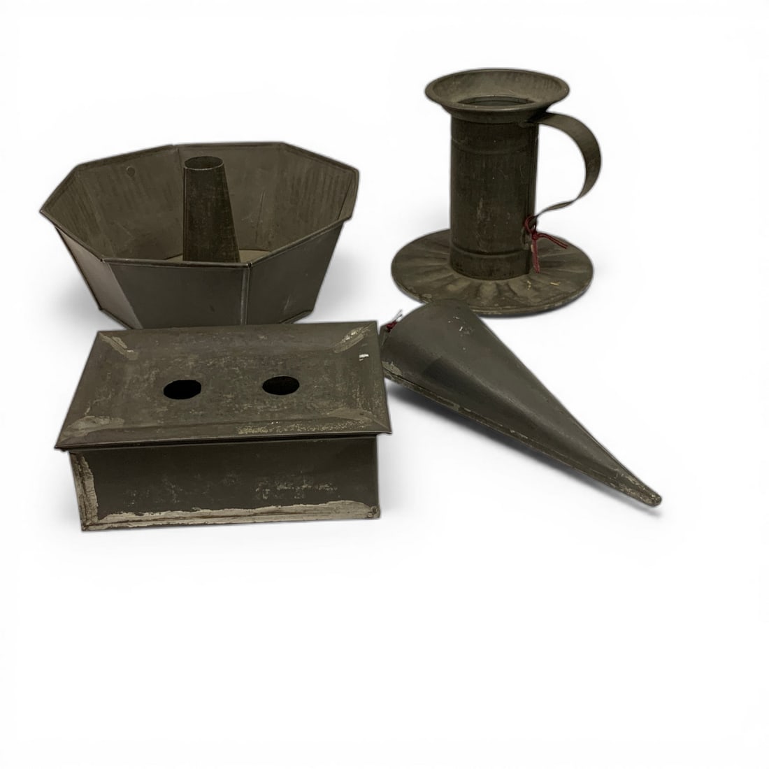 Group Of 4 Tin Items: Includes 1 Tin Lidded Box, 1 Tin Bottle Warmer, 1 Tin Wall Pocket & 1 Tin Cake Pan