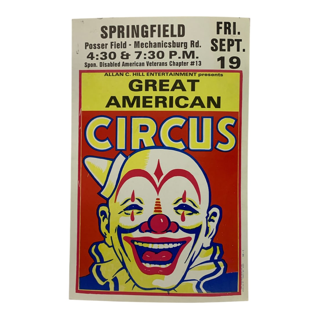 Vintage Great American Circus Poster: Springfield Posser Field, 540 C - 22" X 14"Poster Shows Wear