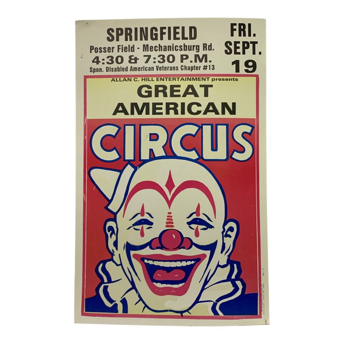 Vintage Great American Circus Poster: Springfield Posser Field, 540 C - 22" X 14"Poster Shows Wear
