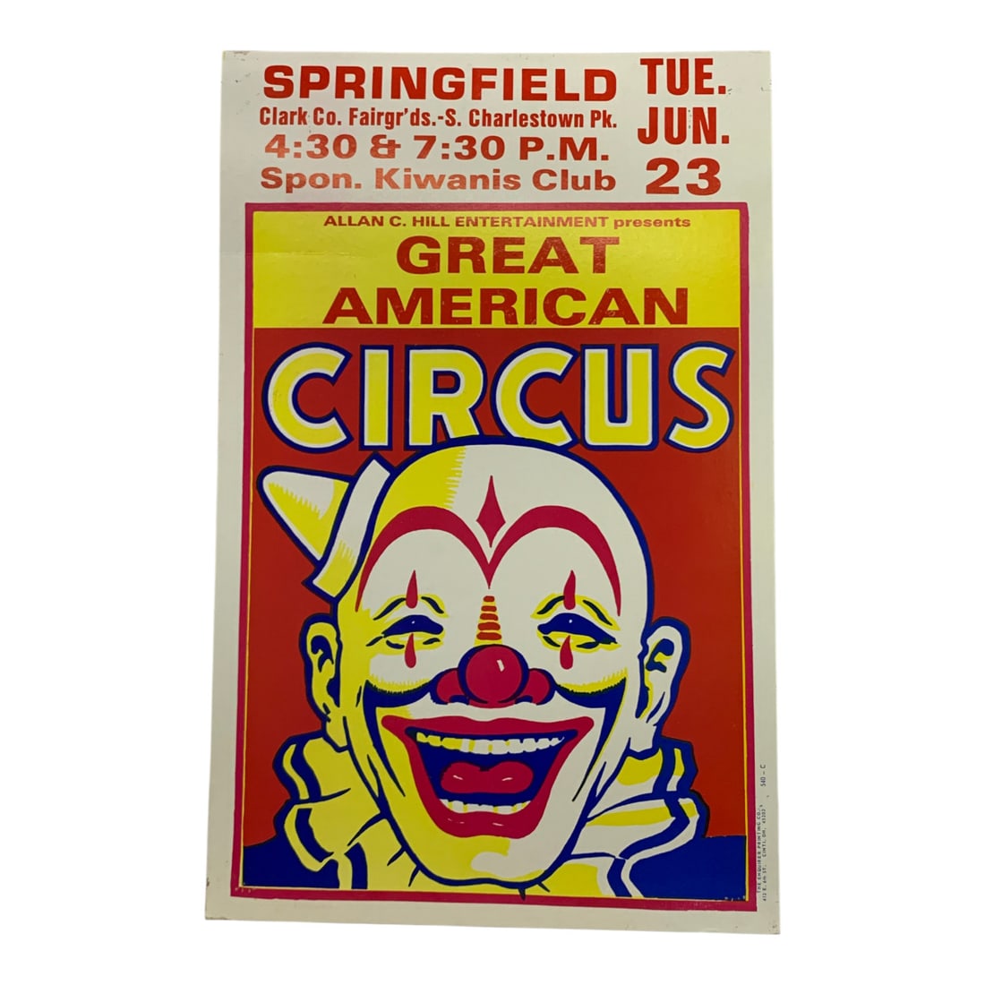 Vintage 1987 Great American Circus Poster: Springfield Clark Co. Fairgr'ds, 540 C - 22" X 14"Poster Shows Wear