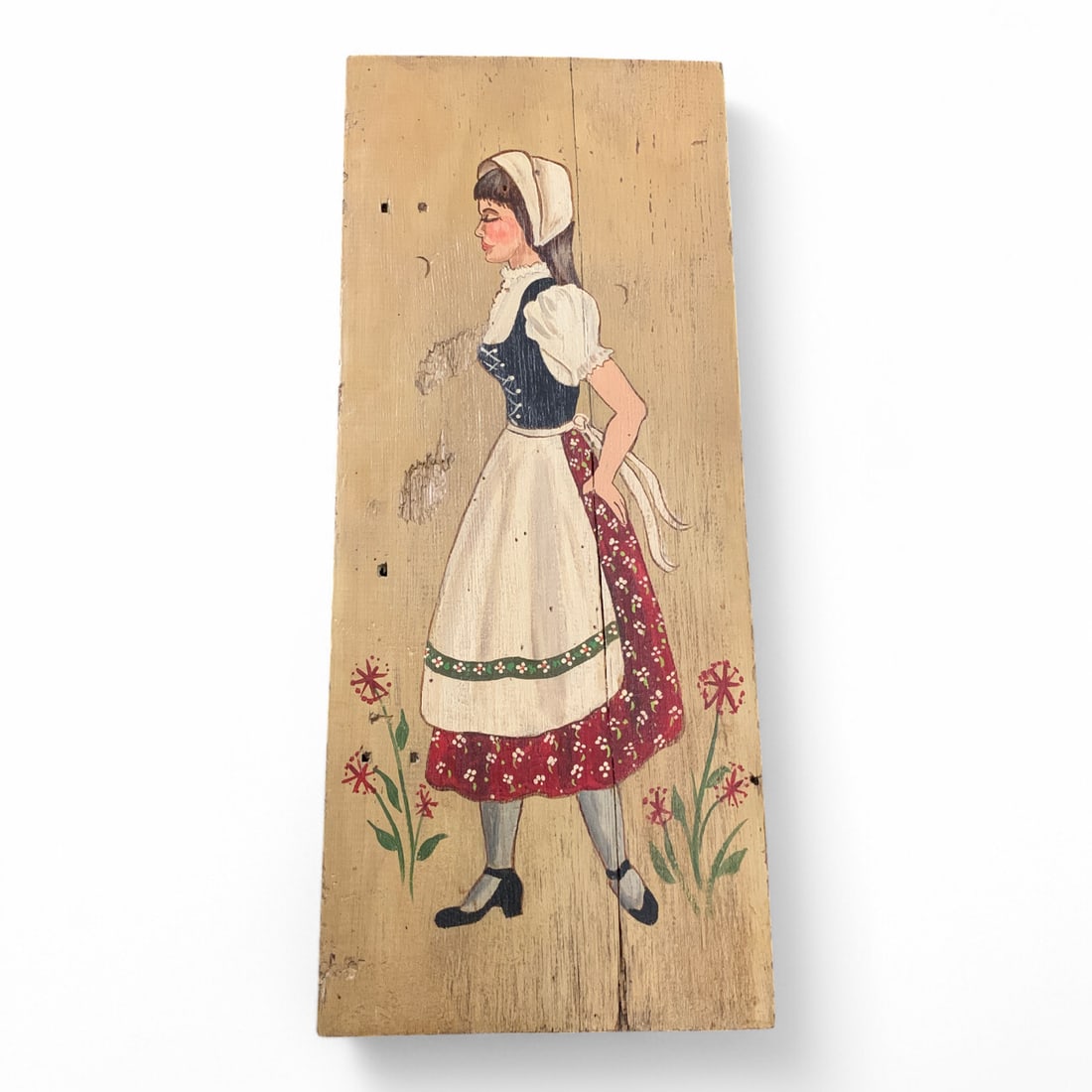 Portrait Of Woman Oil On Wood Panel Dated '69: Signed On Reverse: Tin Types V. P. '69. Hearts And Flowers. 28" X 11.5" Wooden Board.