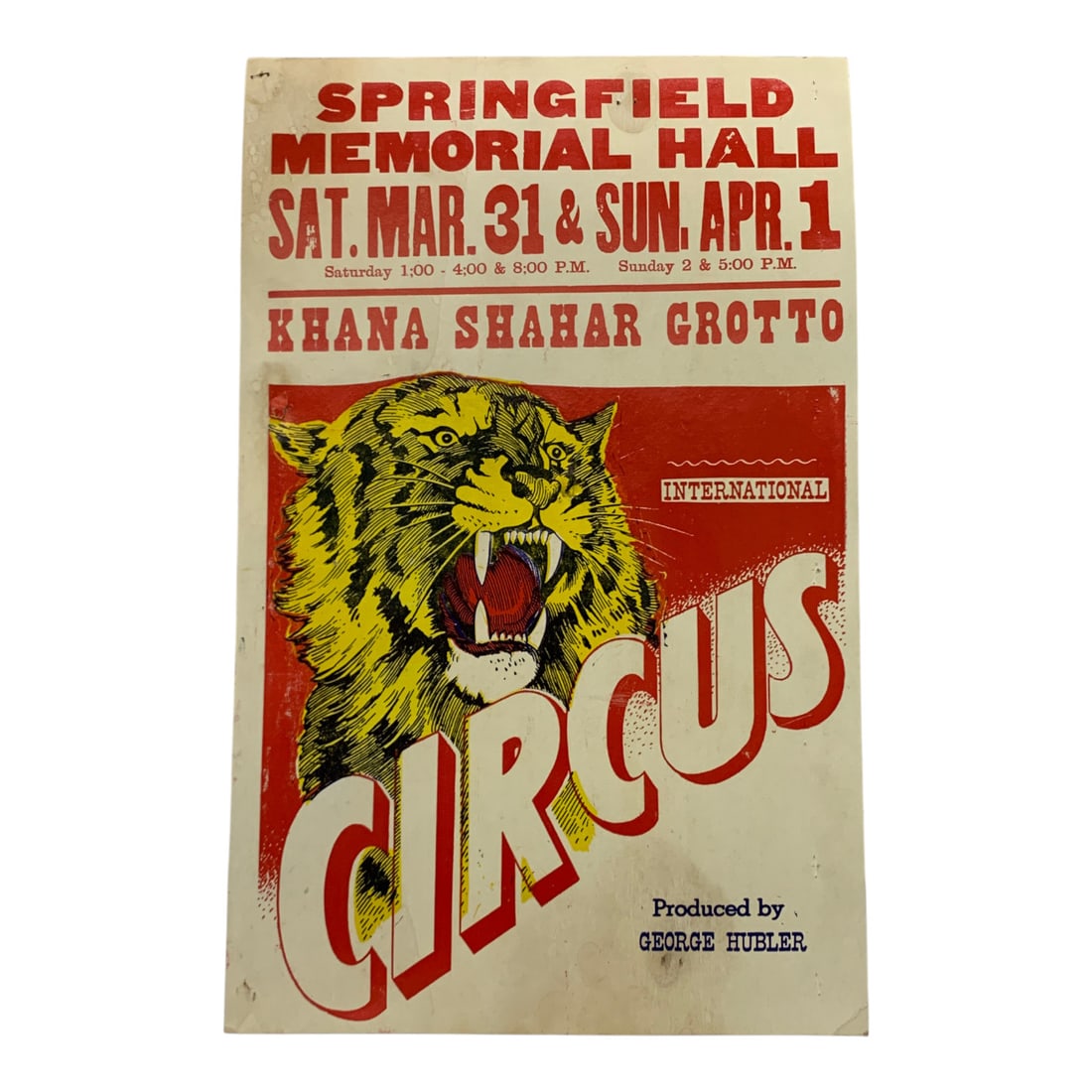 Vintage Khana Shahar Grotto Circus Poster: Springfield Memorial Hall - 22" X 14"Poster Shows Wear