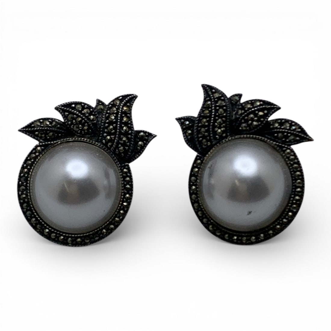 Sterling Marcasite & Faux Pearl Earrings: Marked Sterling - 1 1/2" Long - 21.3 Grams