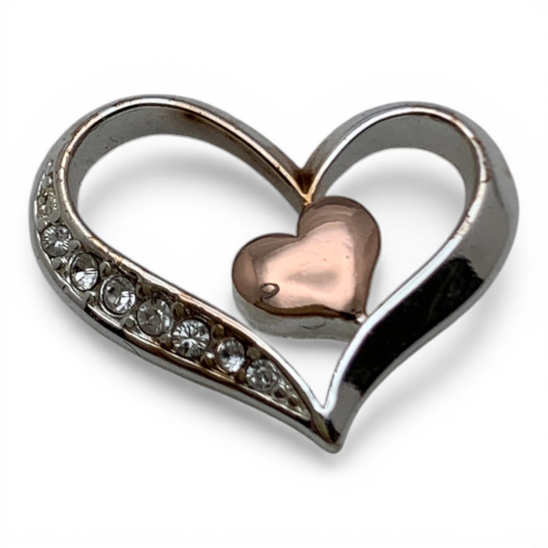 Silver Heart Pendant With Clear Stones: Tests Silver - 3/4" Long - 2.1 Grams