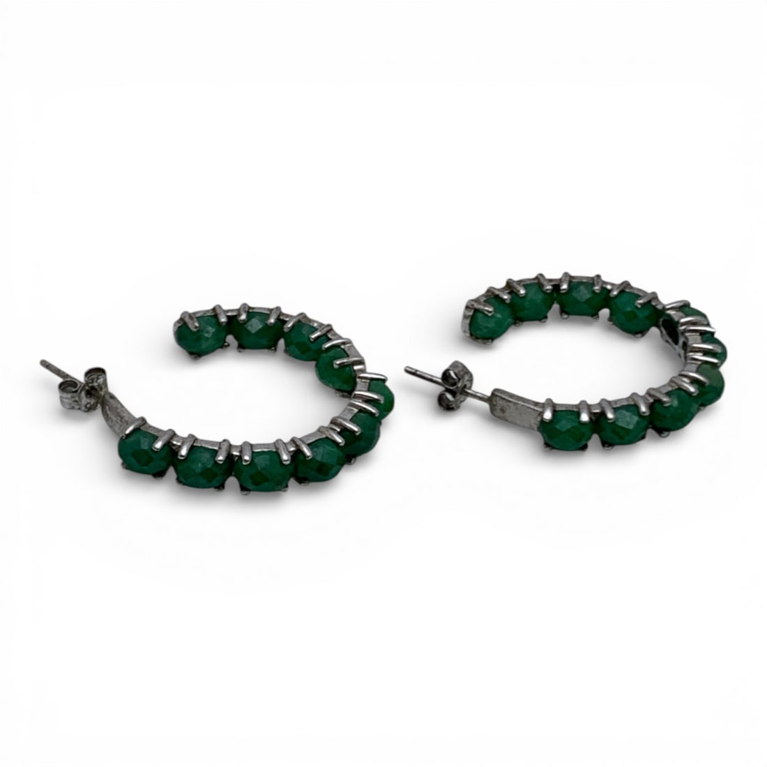 Sterling Silver Earrings With Green Stones: Marked 925 - 1 1/8" Long - 9.7 Grams